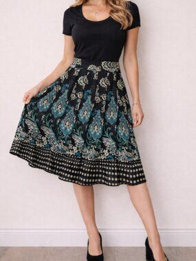 Emma James Skirt Paisley Pleated A-Line Blue Black Y2K Boho Midi Lined Size 16